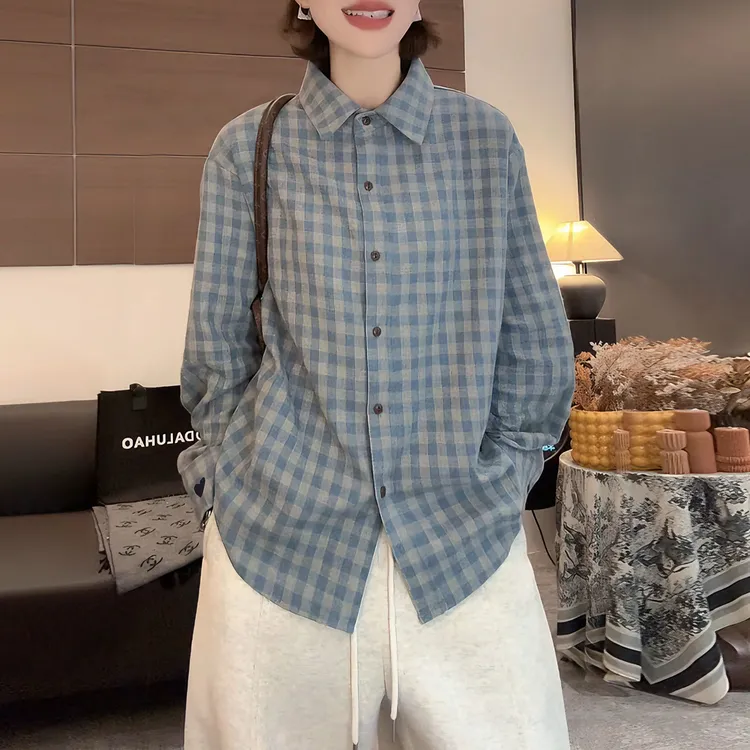复古港风文艺翻领衬衫女款2025秋冬新款宽松显瘦洋气减龄格子上衣