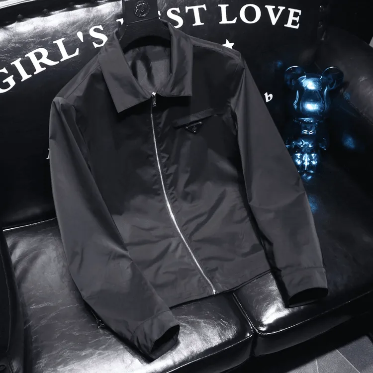 欧洲站潮牌纯色夹克男士春秋季翻领上衣修身青年简约防风大码外套