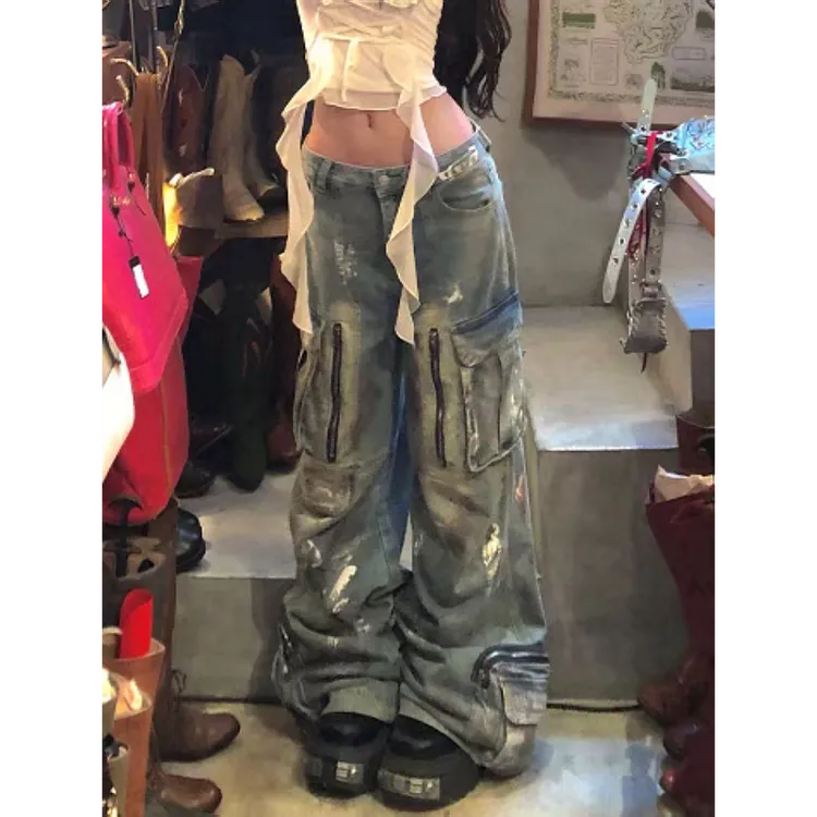 美式街头大码水洗做旧重工擦脏多口袋牛仔裤男宽松显瘦阔腿长裤潮