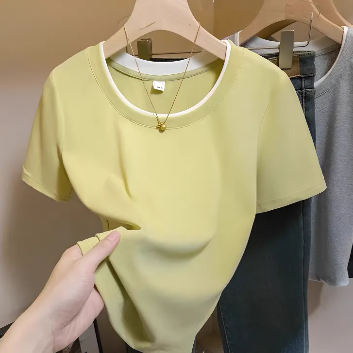 大码休闲正肩圆领短袖T恤女夏季胖mm显瘦宽松遮肚子简约百搭上衣