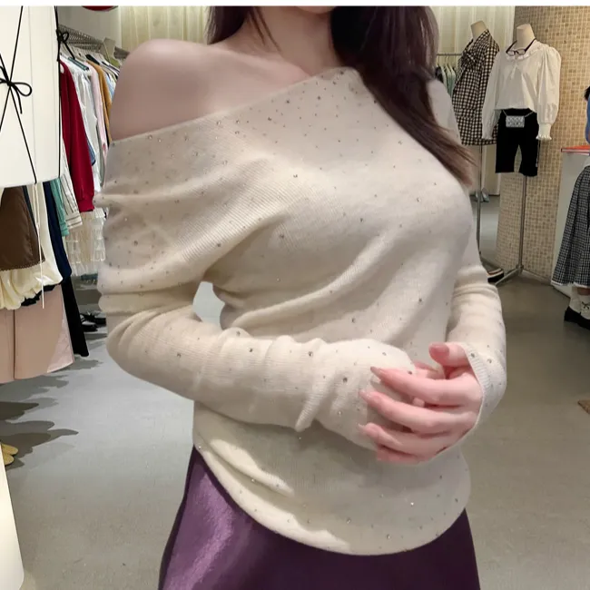 韩系巨好看重工闪钻打底衫毛衣女秋冬高级感一字肩针织衫内搭上衣