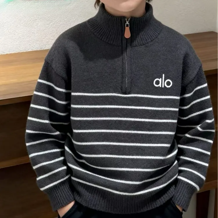 【加绒不起球】韩国绒条纹童装毛衣针织衫立领半拉链一体绒保暖冬款