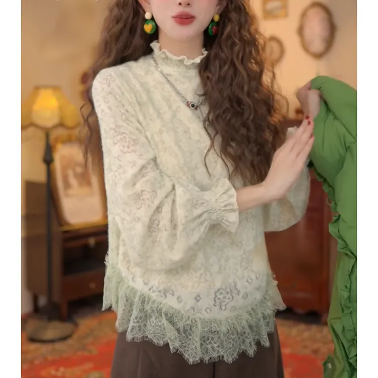 【柳浪闻莺】港风复古蕾丝拼接时尚针织百搭T恤打底上衣LK2508270