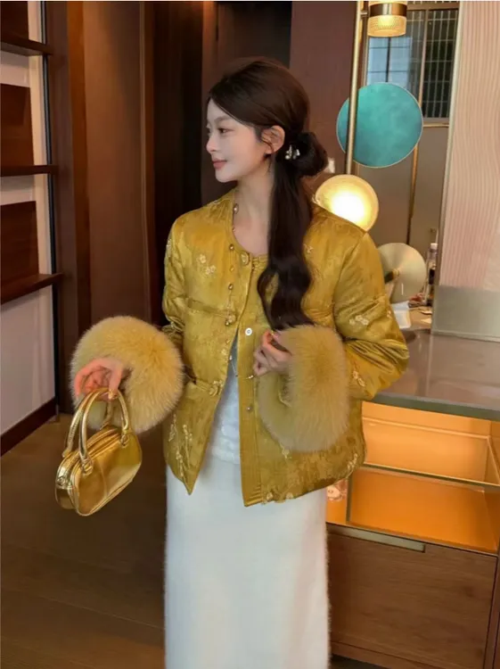 新中式国风加绒加厚款气质中国风秋冬女短款羽绒服外套