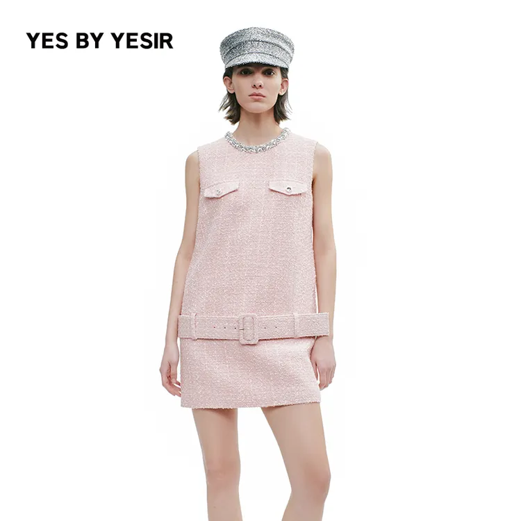 YES BY YESIR叶谦原创设计师2025年秋新款粉红钻饰短款香风连衣裙