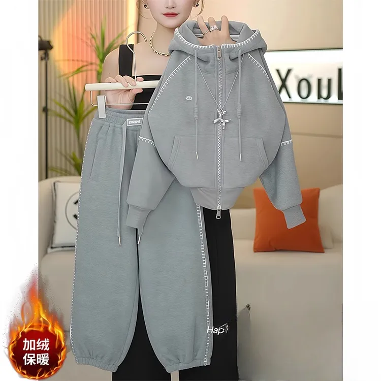 女童加绒外套卫裤套装2025新款秋冬加厚一体绒连帽运动卫衣两件套