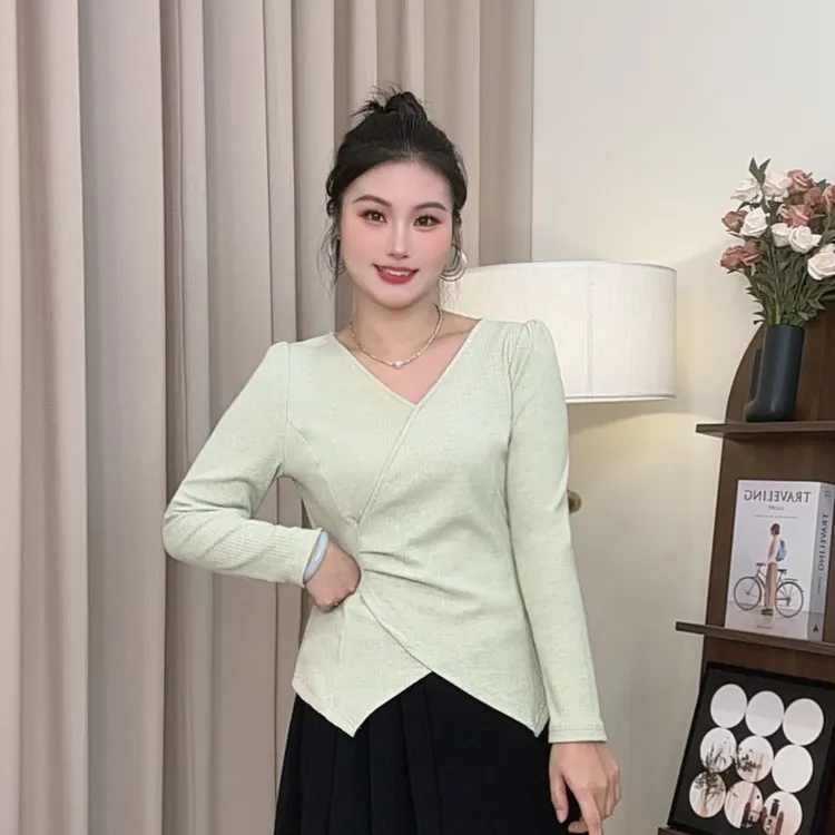 微胖定制法式V领高级感长袖上衣女秋季新款胖mm修身T恤