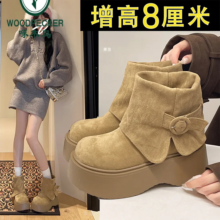啄木鸟厚底增高勃肯鞋短靴子女款2025新款秋冬季小个子显瘦马丁靴