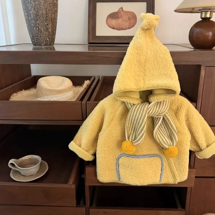 送围巾25新款韩系男女宝宝星星人奥粒绒精灵帽加厚棉服宝宝外套