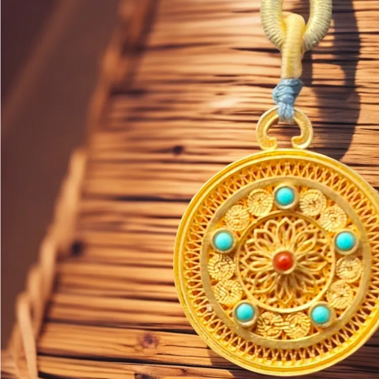 吊坠925银 非遗原创手工 圆形吊坠百搭双面古法镶嵌