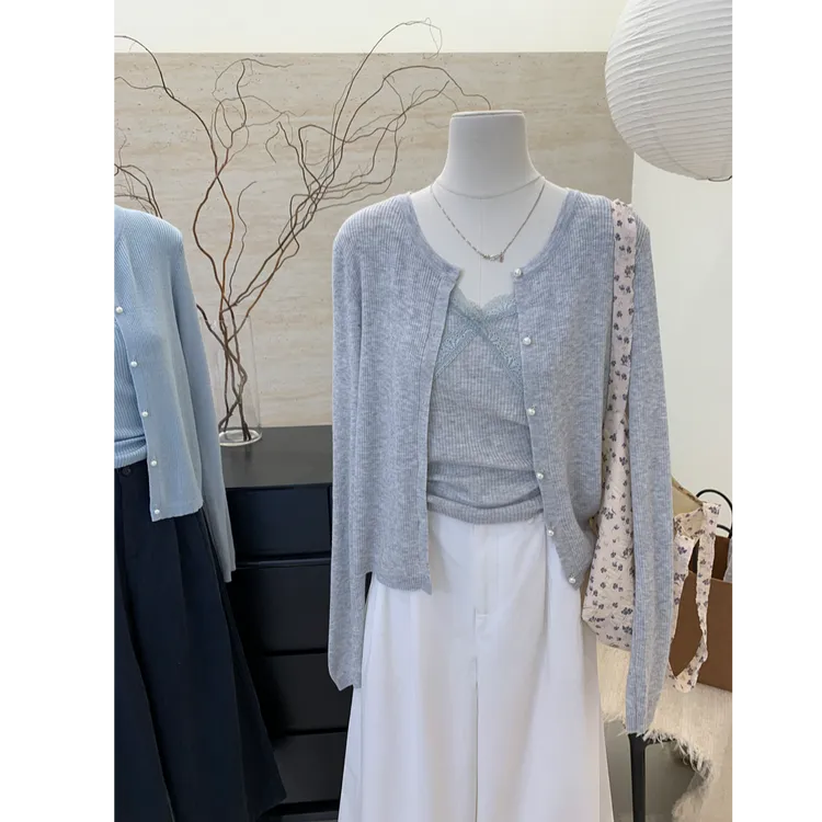 韩系温柔淑女风蕾丝花边吊带背心珍珠扣针织开衫两件套女修身外穿