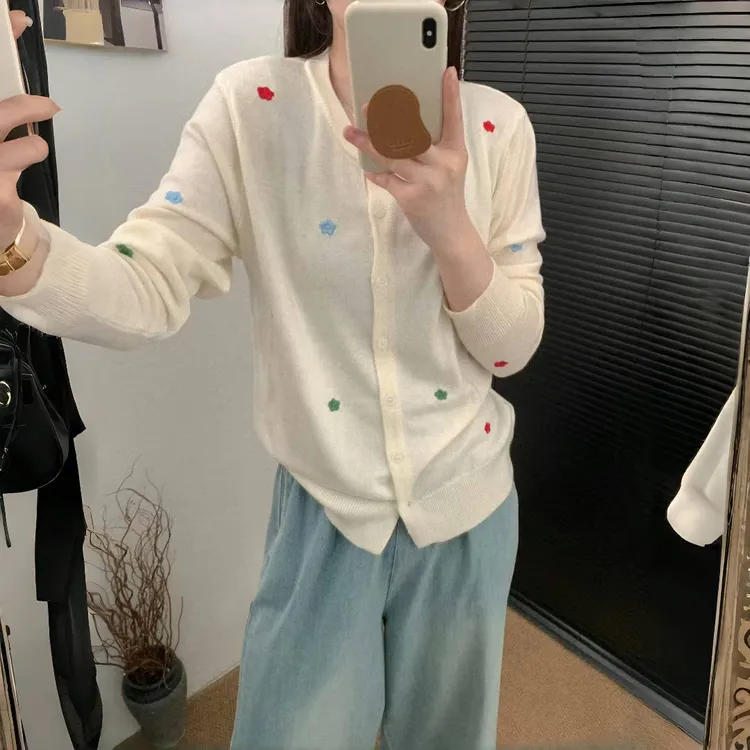 针织女毛针织衫韩系甜美针织开衫百搭圆领长袖小香风刺绣外披短款