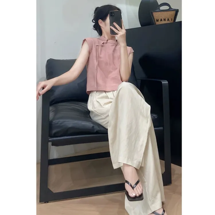 2025夏季新款改良汉服新中式无袖上衣复古国风阔腿裤显瘦两件套女