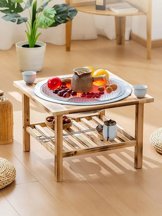 烤火盆烤火桌围炉煮茶桌实木烤火桌子一体取暖家用室内户外烧烤桌3-5人烤火盆