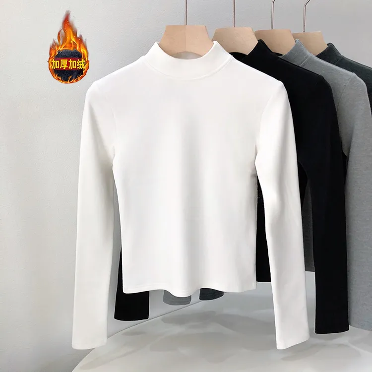 2025秋冬季半高领薄绒打底衫女磨毛修身短款上衣加厚气质内搭纯棉