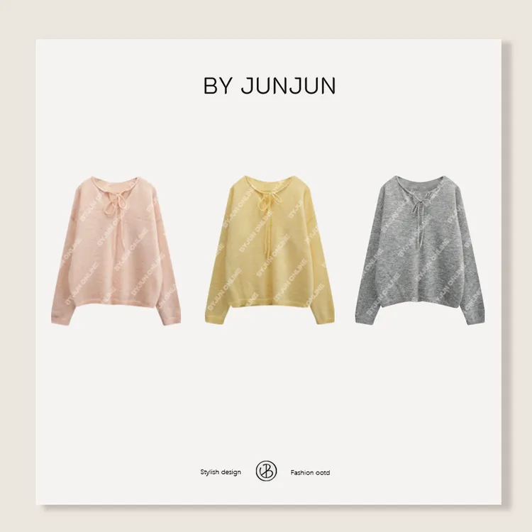 ByJunjun【糖渍蜜桃】V领系带羊毛马海毛上衣连帽针织衫