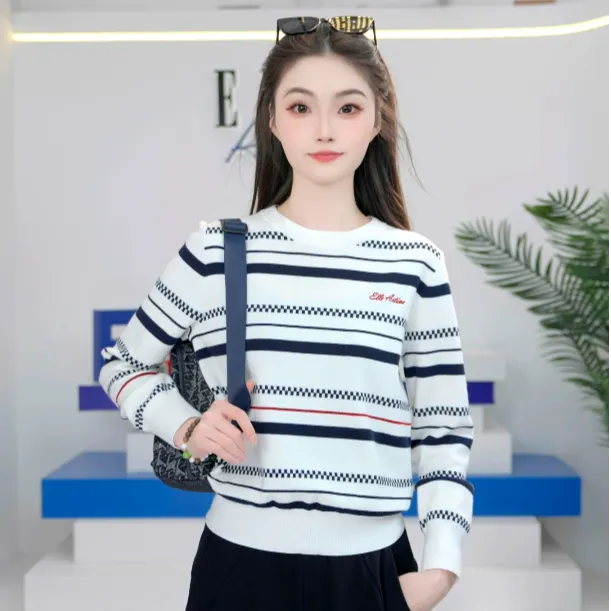 ELLE Active【含绵羊毛】棋盘格条纹圆领针织衫女百搭经典上衣毛衣