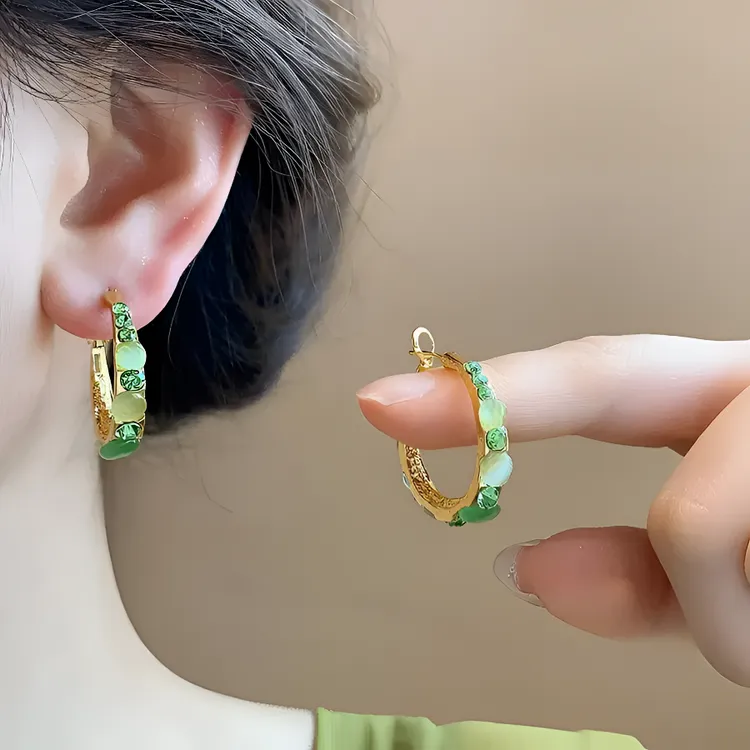铜合金合成锆石耳饰 铜合金绿色圆圈轻奢气质百搭小众设计感耳环