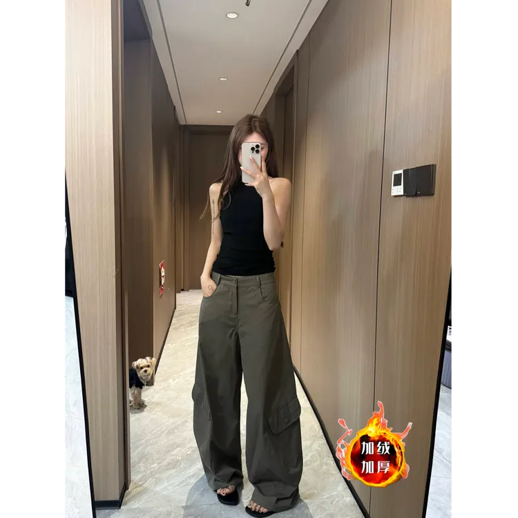 时尚加绒加厚工装裤女秋冬美式辣妹休闲裤宽松百搭阔腿裤拖地裤子