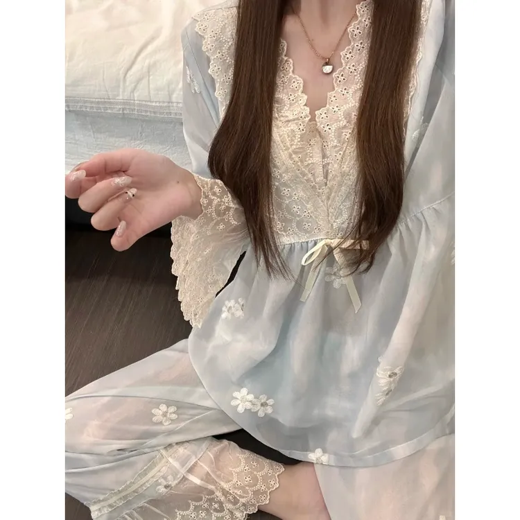 【公主风蕾丝边】拼接睡衣女春夏款2025高级感碎花家居服套装可外穿