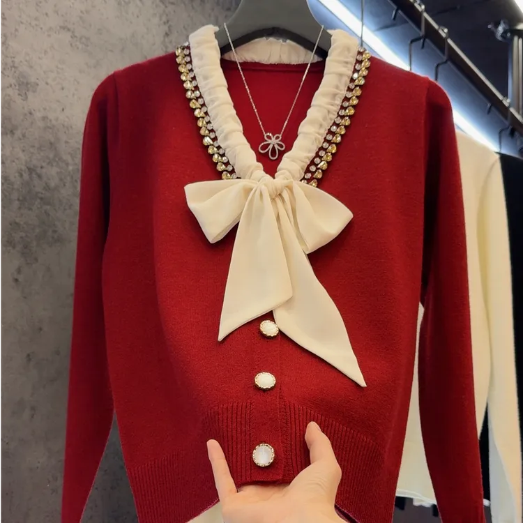【定制大码女装80-200斤】气质蝴蝶结重工V领开衫红色针织衫2173