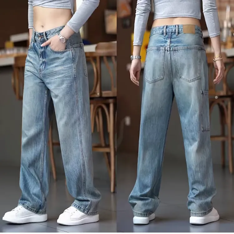 新款水洗牛仔裤男款潮牌宽松休闲长裤复古重工设计感直筒裤