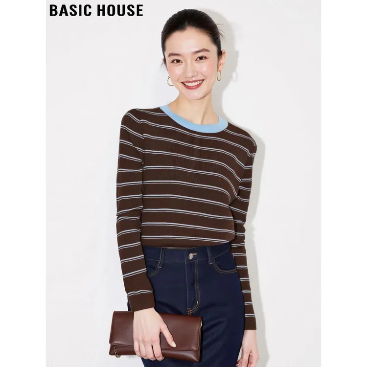 Basic House/百家好美拉德撞色条纹含羊毛针织衫女2025秋修身打底