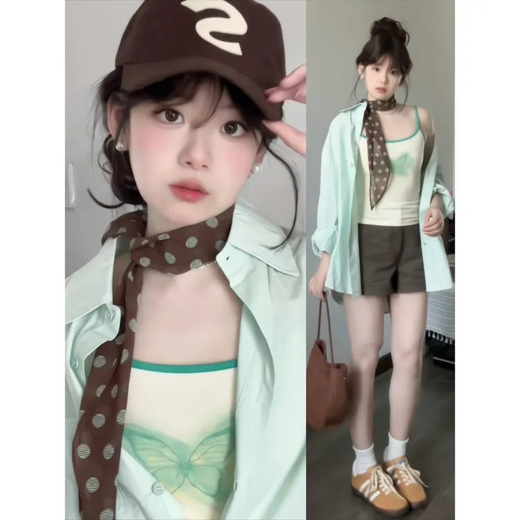 MARIE.COCO减龄套装吊带背心清新绿色长袖衬衫女装春季低腰休闲裤