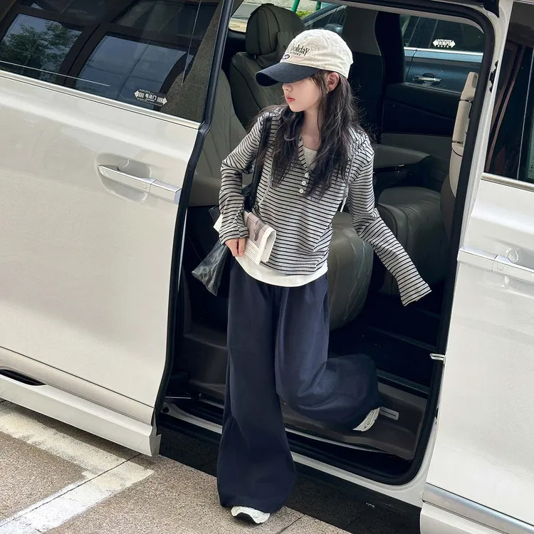 女童条纹长袖T恤春秋款2025新款儿童韩系穿搭女大童打底衫上衣潮