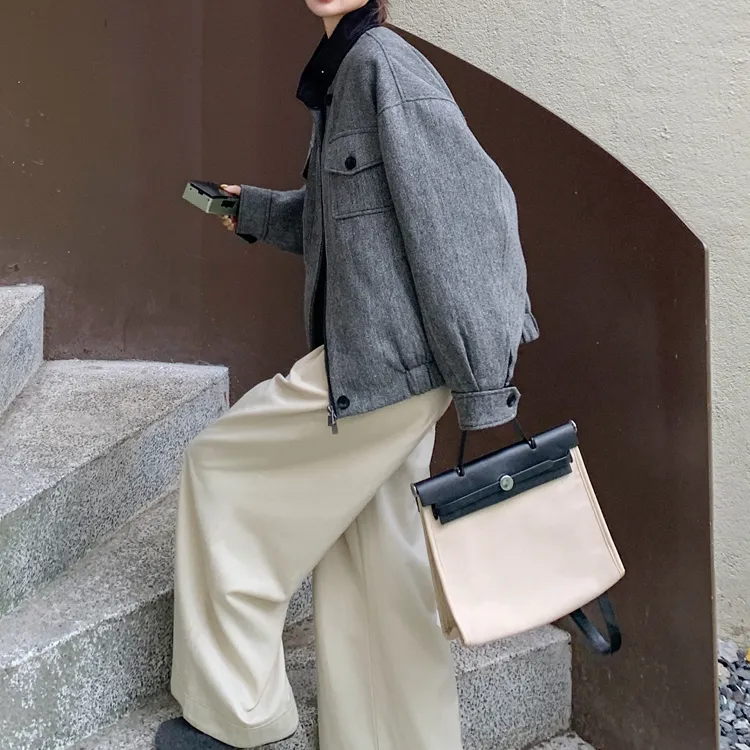 灰色人字纹羽绒服内胆毛呢外套女2025新款冬季韩系小个子呢子夹克