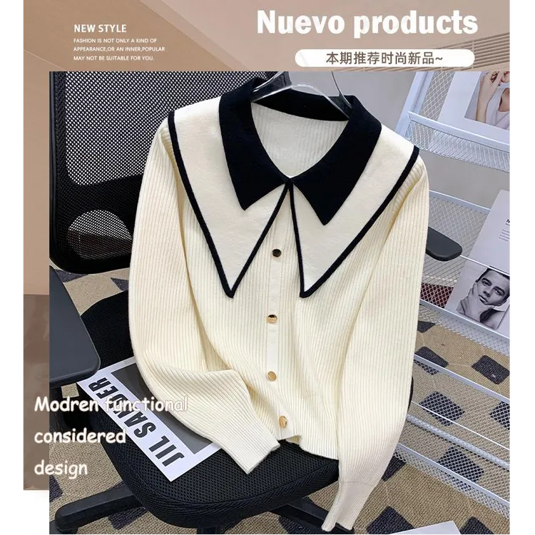 香家服饰【高品质】春秋高级感内搭小香风撞色减龄感翻领针织衫