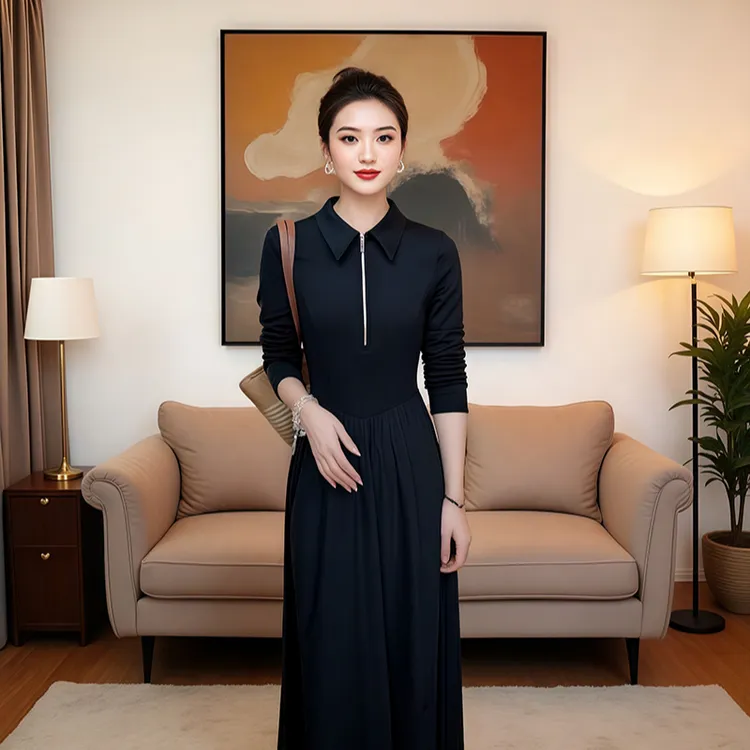 连衣裙轻奢半拉链黑色长袖POLO领连衣裙 