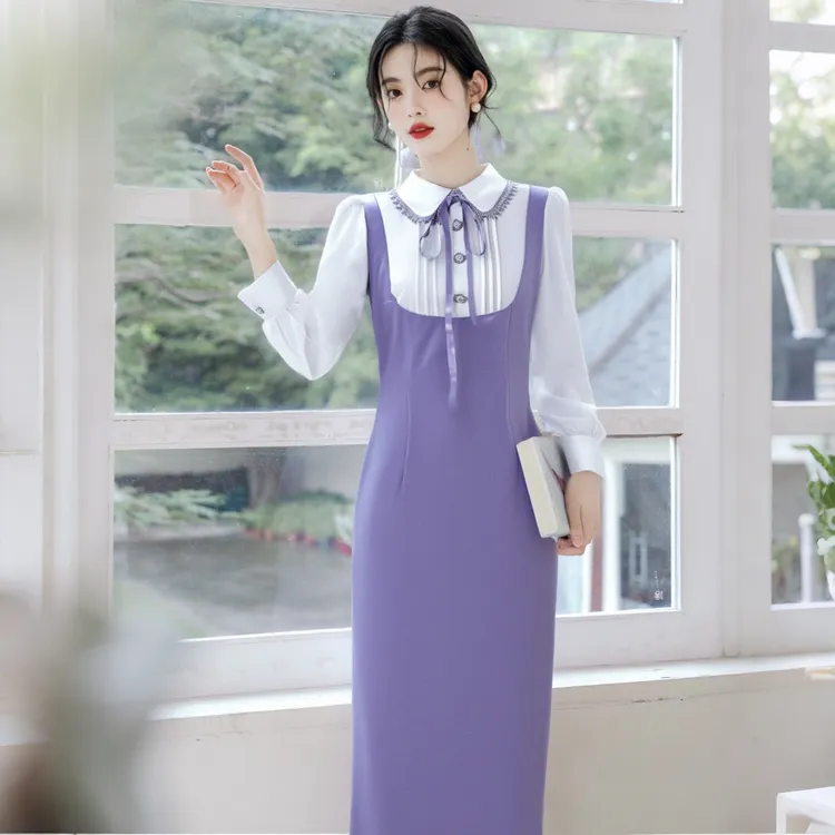 A【送胸花】春秋穿搭衬衫假两件法式时尚长袖修身紫色连衣长裙D3527