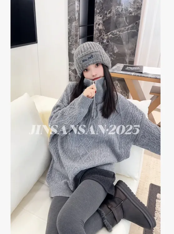 金三三【青春有你​】2025冬季新款大版立领麻花羊毛衫上衣H6224