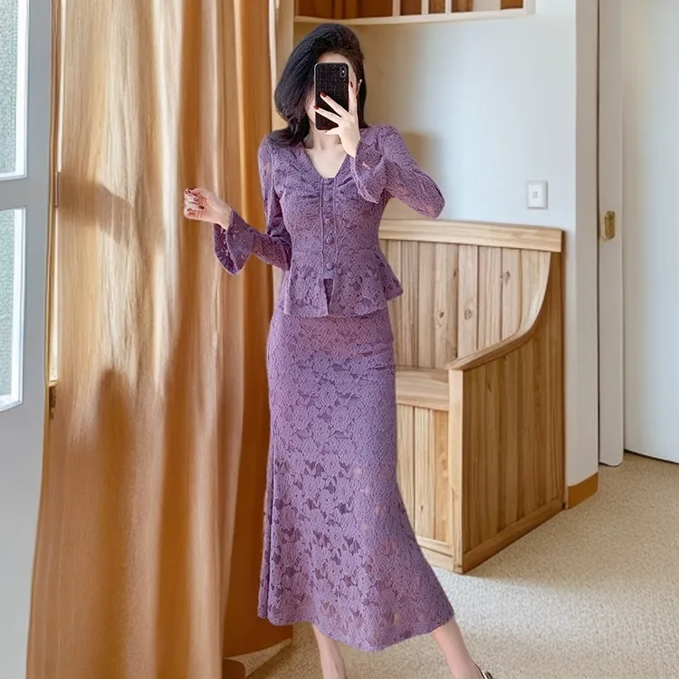 2025新款十三行品质V领喇叭袖时尚上衣鱼尾半身裙时髦两件套套装