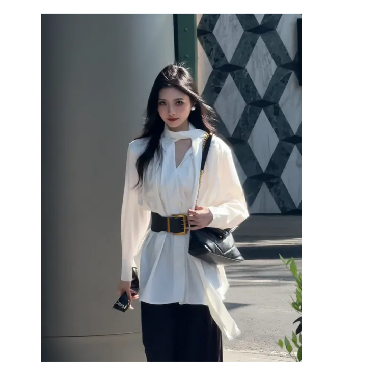 CHUCHU【柔性力量】白色小众百搭衬衣衬衫XMZH6869+XMZH6356黑色