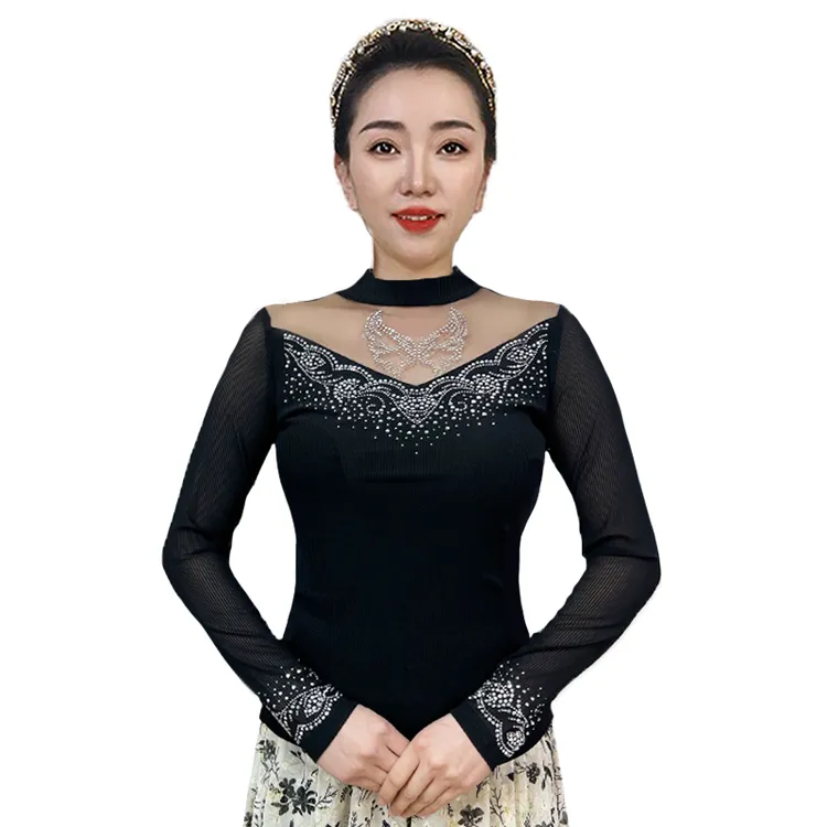 【老师专属】网纱混纺时尚百搭精致重工烫钻打底衫