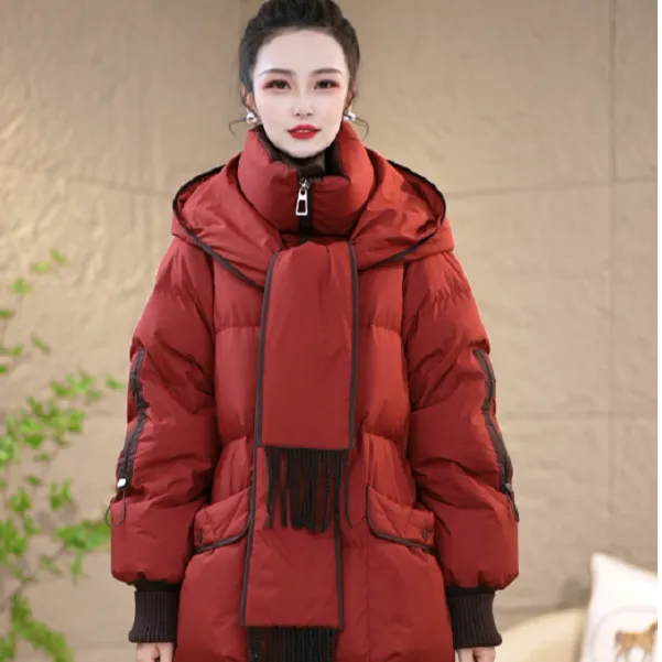 冬季设计感围巾连帽优雅百搭白鸭绒百搭女装宽松保暖羽绒服M-XL