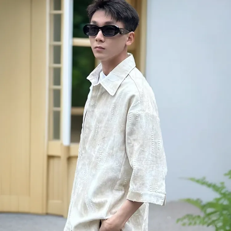 美式复古风破洞宽松衬衫男士潮流设计感休闲长袖衬衣春秋百搭