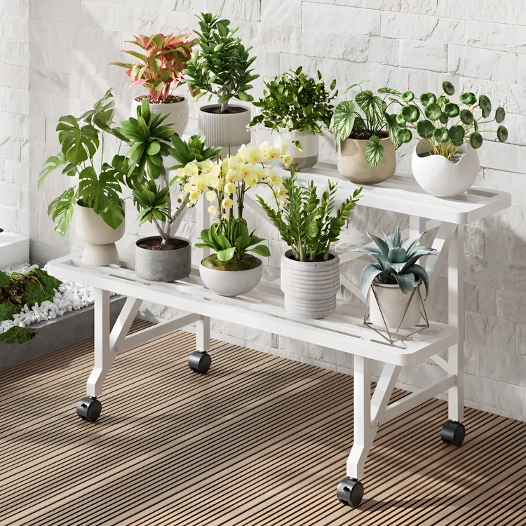 两层梯形花架阳台置物架多肉花盆架子盆栽架可移动落地款带轮子