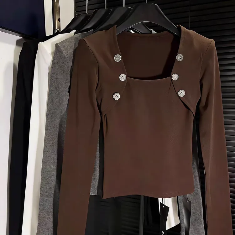 辣妹设计感方领长袖秋冬磨毛加绒修身显瘦打底T恤上衣