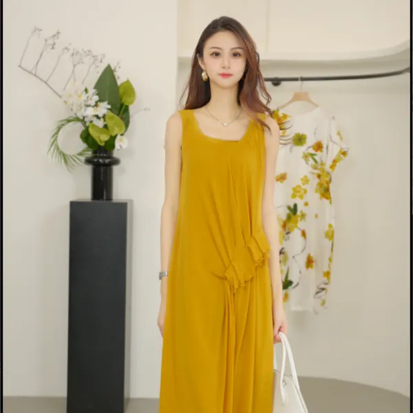 【专柜新款】Marisfrolg高腰夏季轻奢气质黄色礼服连衣裙 T1EG20396