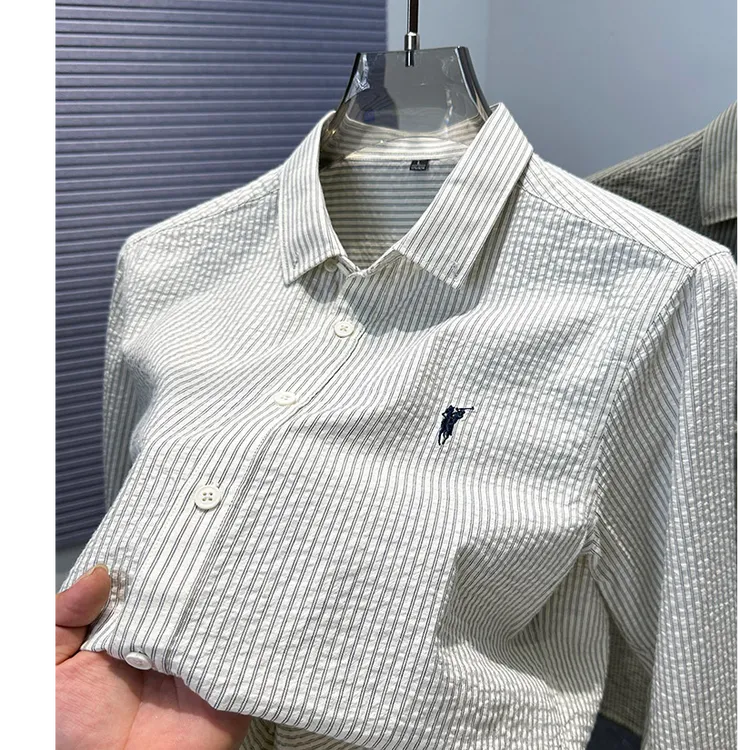 保罗小马标纯棉竖条纹衬衫男士长袖春秋季新款衬衣服男装休闲寸衣