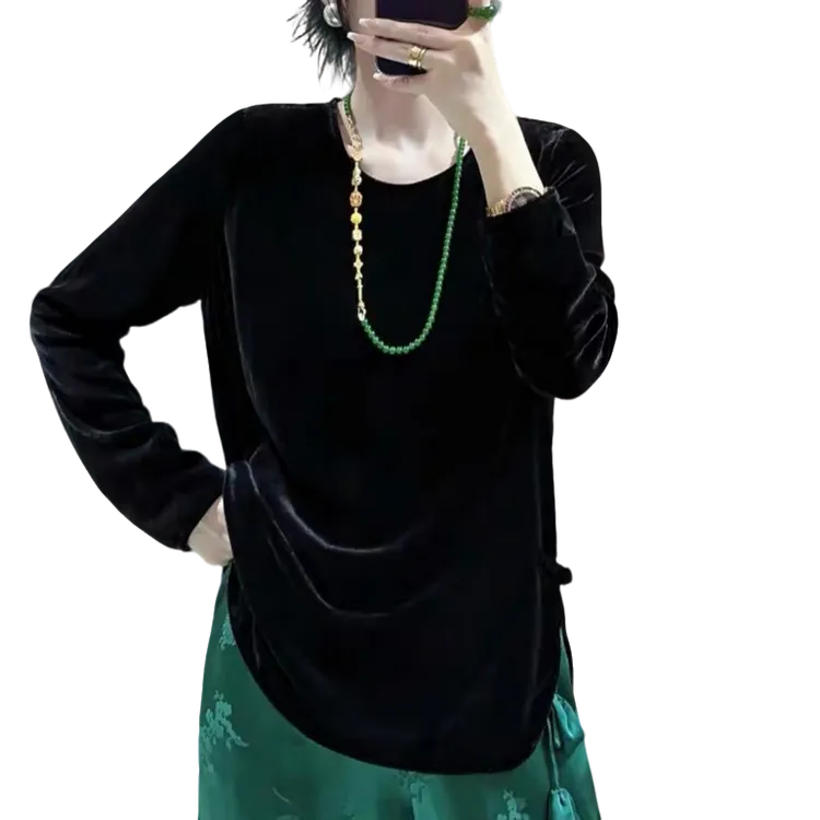 真丝丝绒上衣长袖女2024春季新款高级感洋气百搭黑色开衩圆领T恤