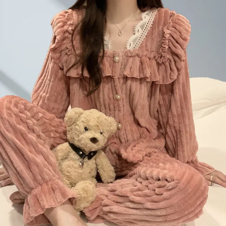 琥珀流光风睡衣女珊瑚绒秋冬季两件套2025新款加绒加厚家居套装Q