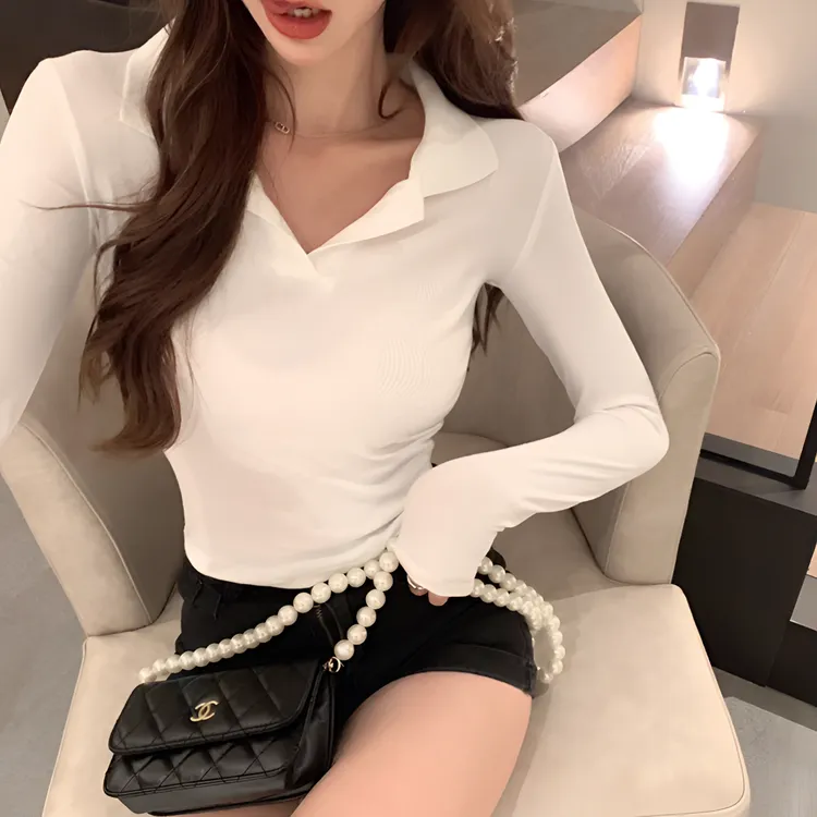 小心机V领长袖T恤洋气衣服女夏小众设计感休闲百搭修身polo领上衣