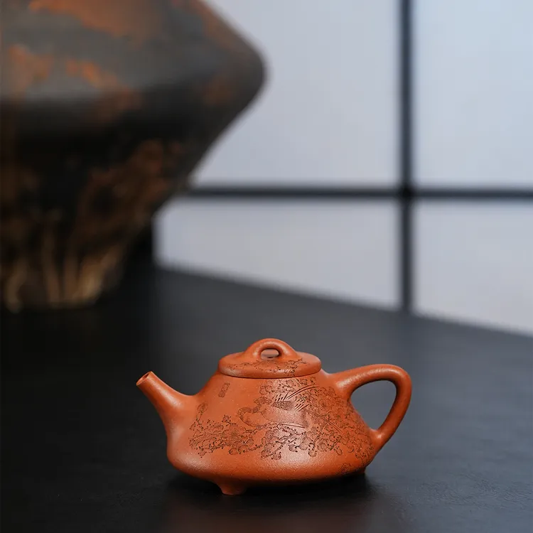 【顶蜀】子冶石瓢全手工刻绘花鸟宝山纯红降坡丨宜兴紫砂壶高端茶器