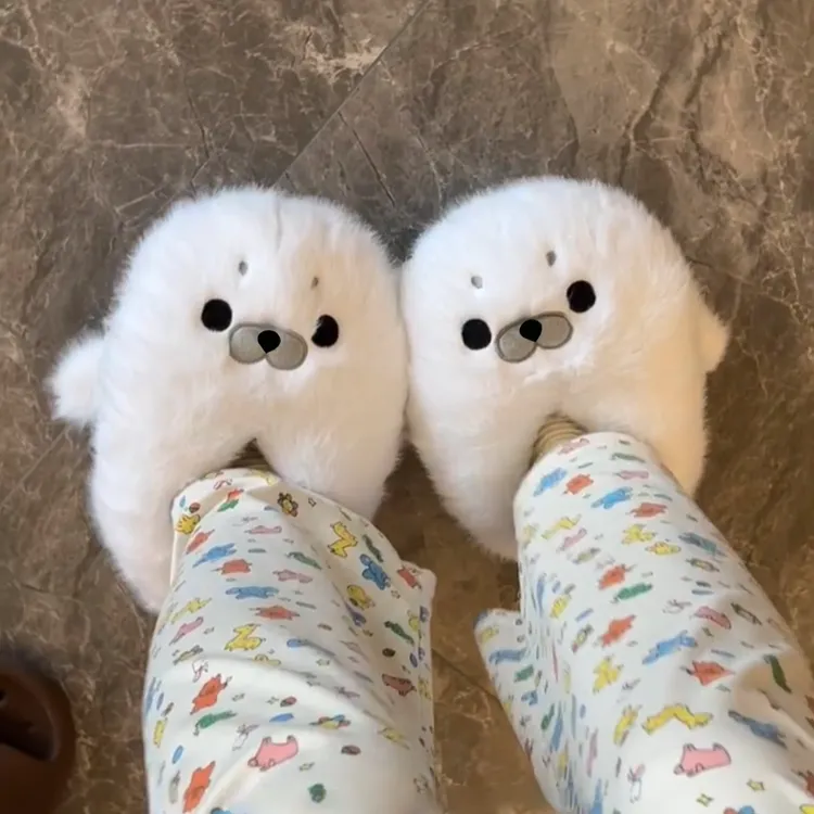 可爱小海豹毛绒棉拖鞋包跟保暖防滑居家可外穿秋冬季送女朋友礼物