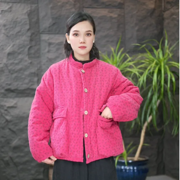 FF加绒加厚保暖复古宽松棉服冬季新款气质立领时尚减龄百搭印花