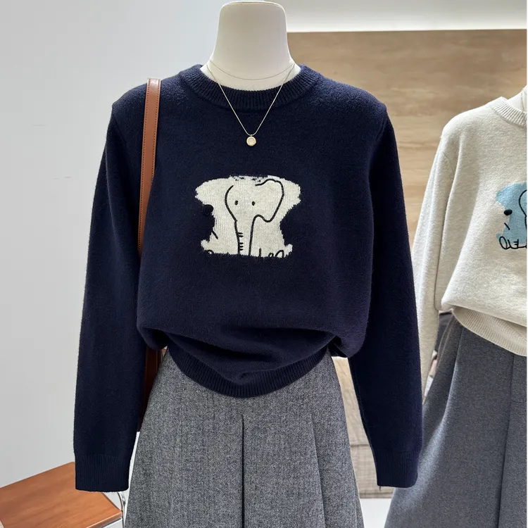 宽松显瘦【80-200斤】卡通小象提花针织上衣女秋冬减龄毛衣打底衫潮